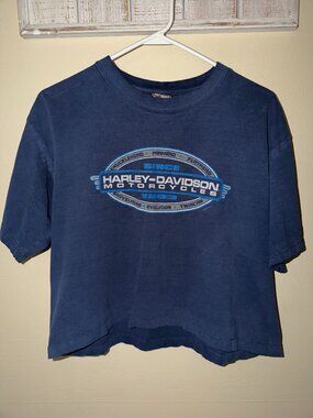 Harley Davidson VINTAGE Large Blue Cropped T-Shirt Top